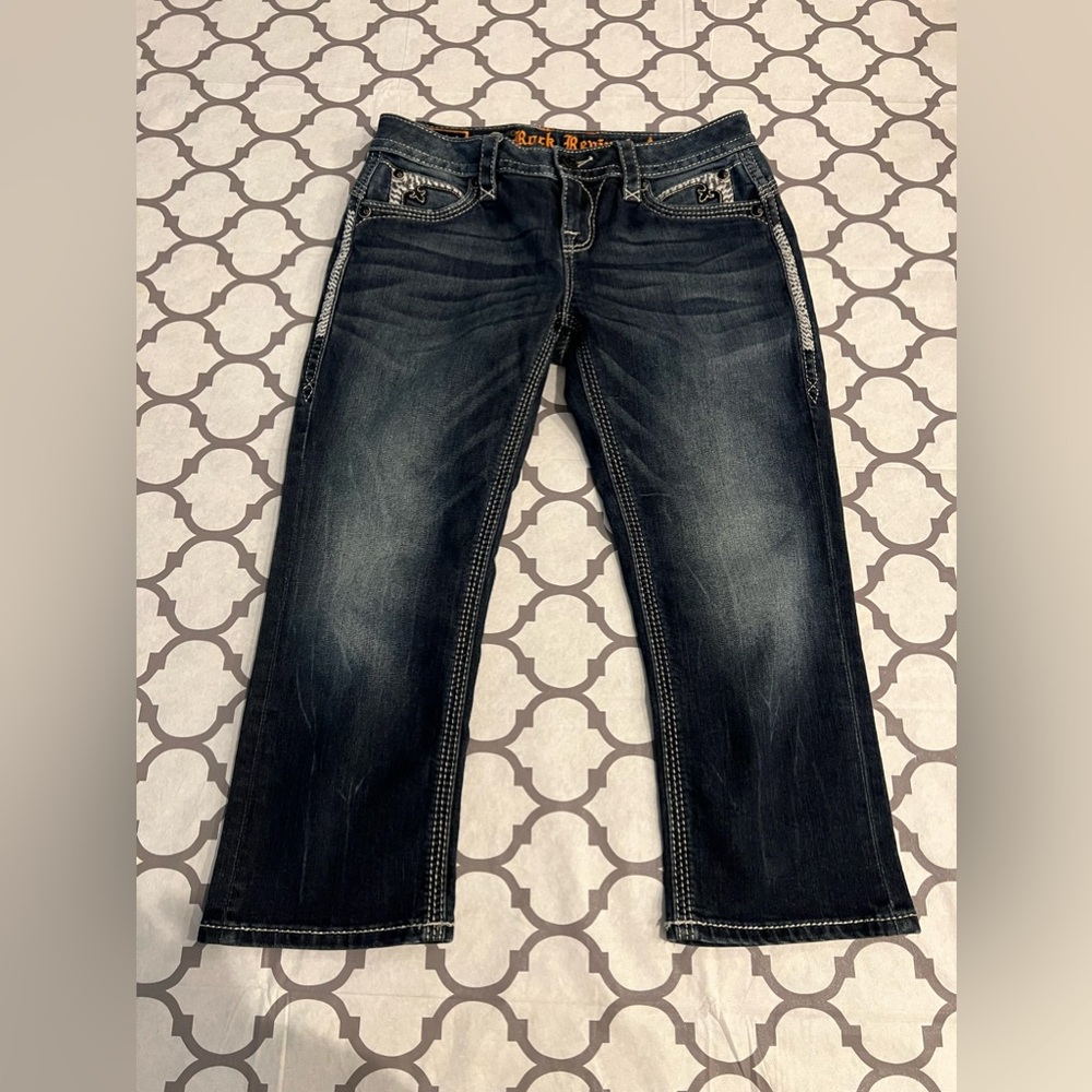 Rock Revival Stephanie Capri Cropped Denim Thick Stitch Embellished Women’s 28